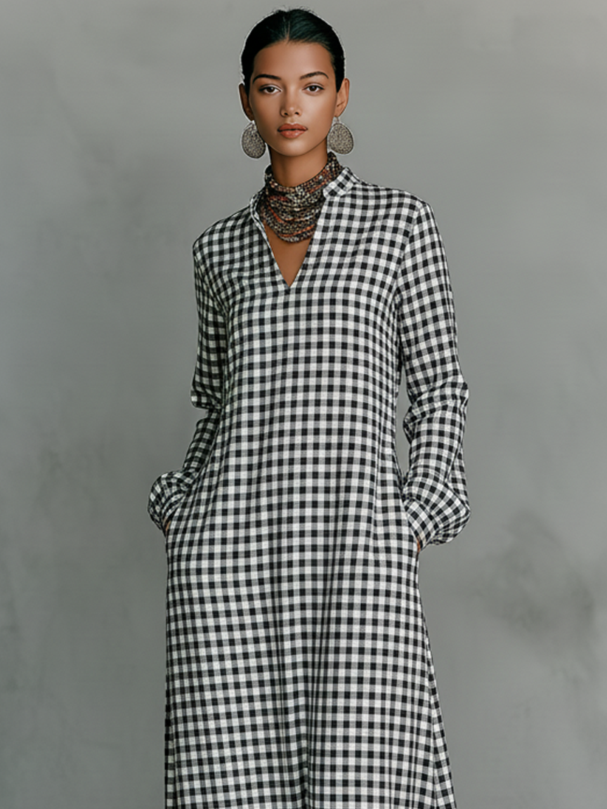 Women's Minimalist Cotton Plaid V-neck Long-sleeved Maxi Dress