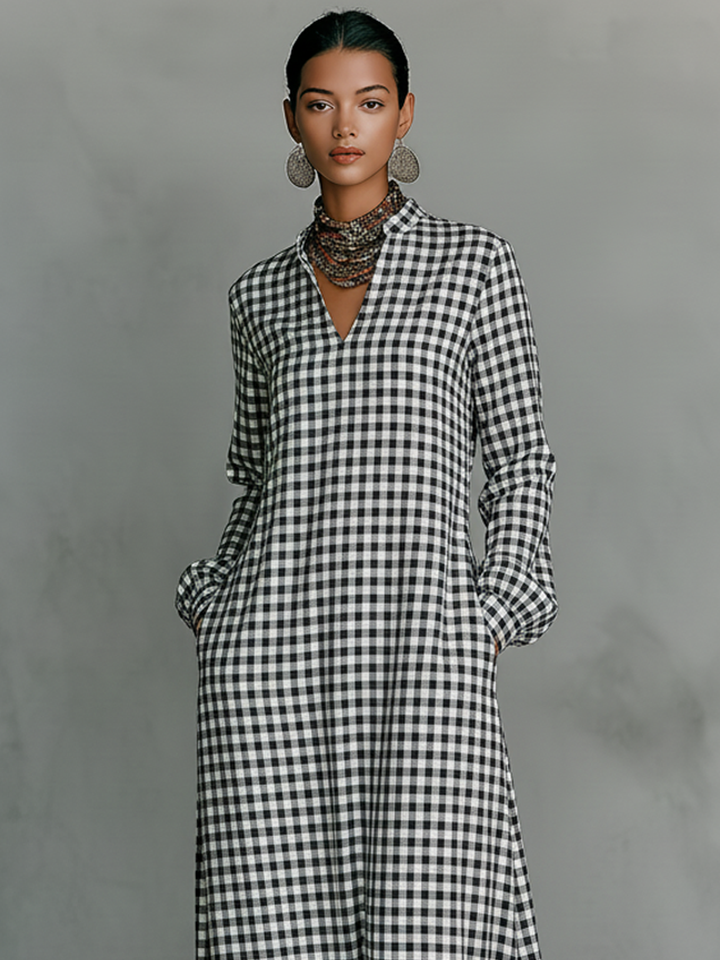 Women's Minimalist Cotton Plaid V-neck Long-sleeved Maxi Dress
