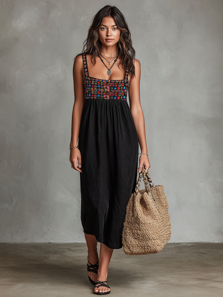 Women's Vacation Style Faux Suede Embroidered Midi Dress