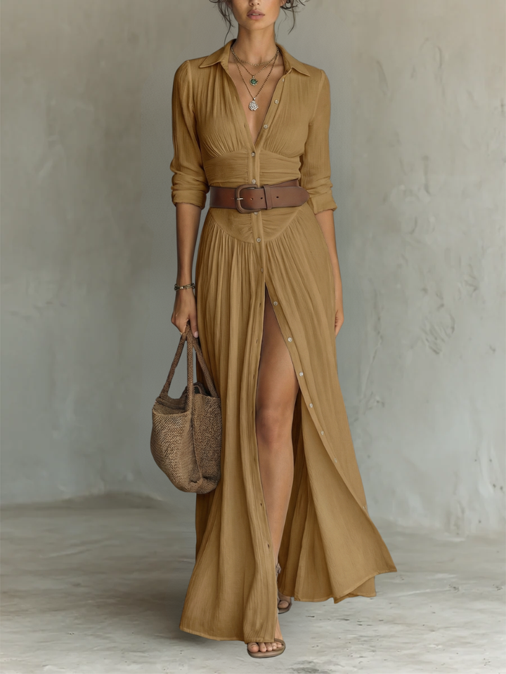 Long Maxi Dress with Notched Collar and Long Sleeves