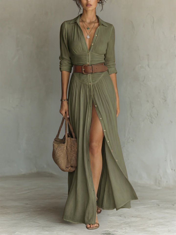 Long Maxi Dress with Notched Collar and Long Sleeves