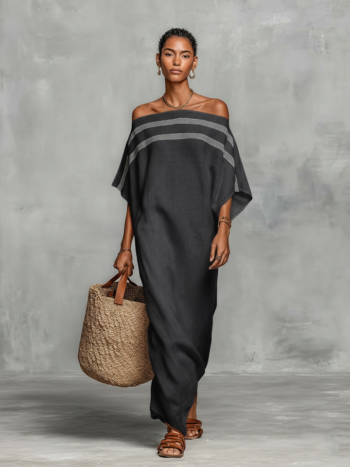 Women's Minimalist Linen Blend Off-the-shoulder Batwing Sleeve Straight-cut Maxi Dress