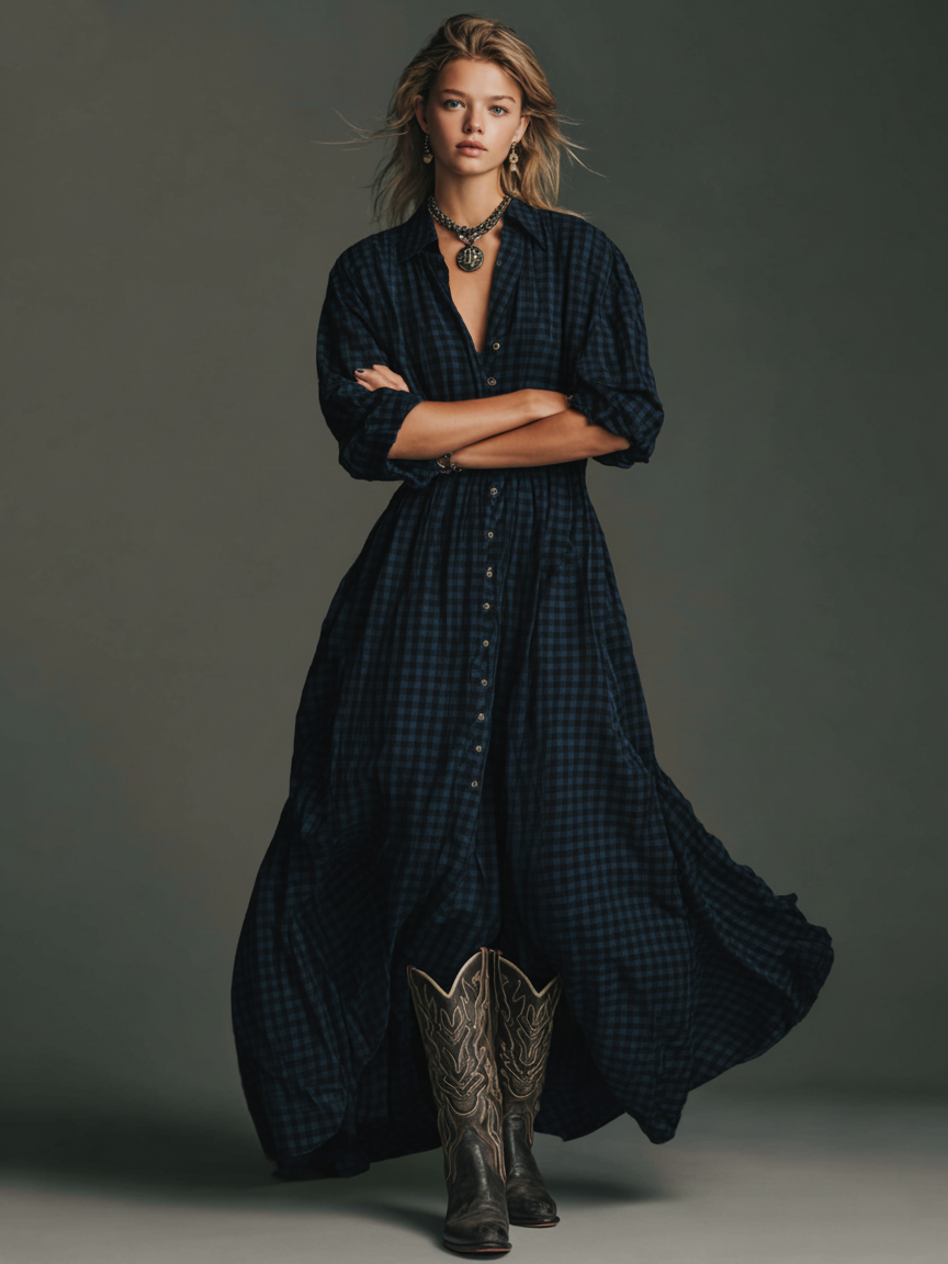Women's Plaid Long Sleeve Shirt Maxi Dress