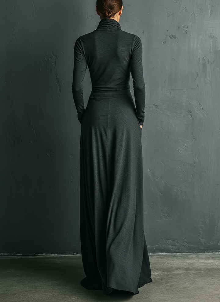 Women's Charcoal Elegant Stretch Polyester-Cotton Blend Turtleneck Draped Maxi Dress