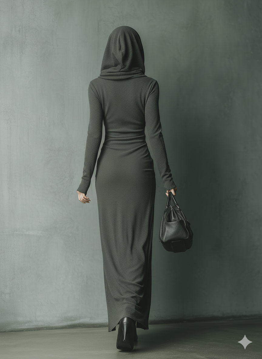 Women's Dark Grey High Elastic Knitted Hooded Maxi Dress