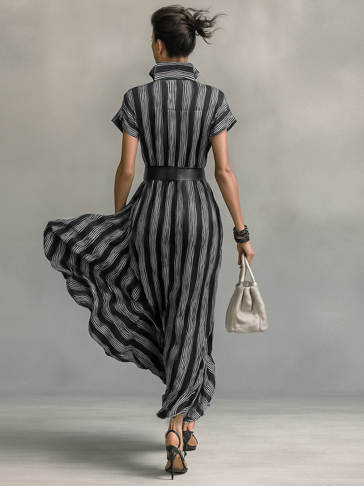 Women's Chiffon Striped Printed Lapel Short-sleeved Maxi Dress