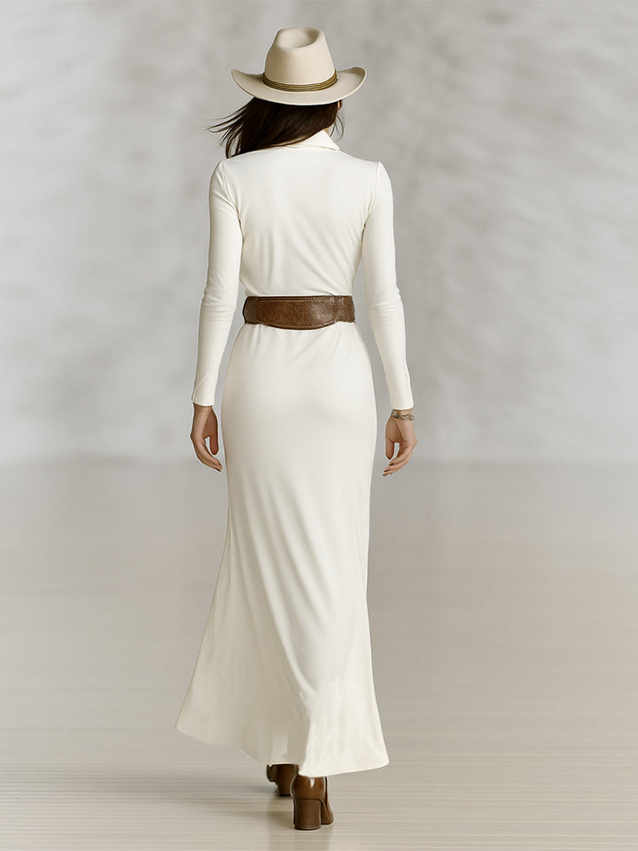 Women's Lapel Long Sleeve Waist-tightening Maxi Dress (without Belt)
