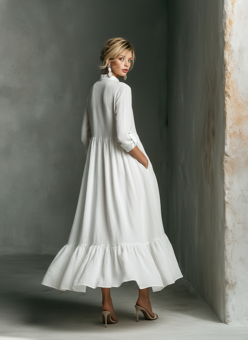 Women's White Long-sleeved Ruffled Maxi Dress