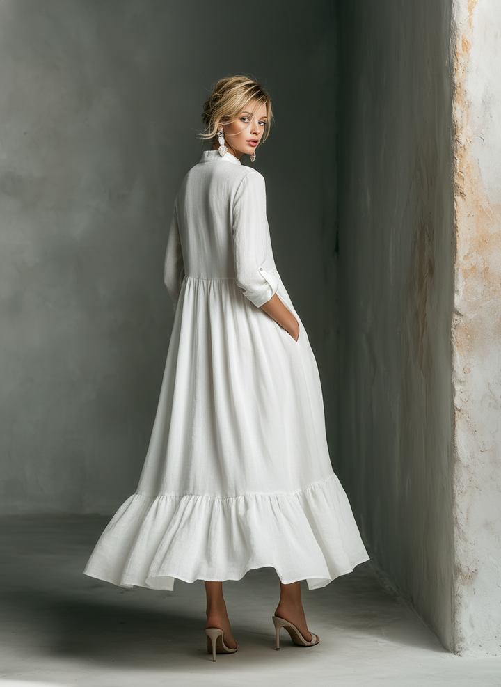 Women's White Long-sleeved Ruffled Maxi Dress