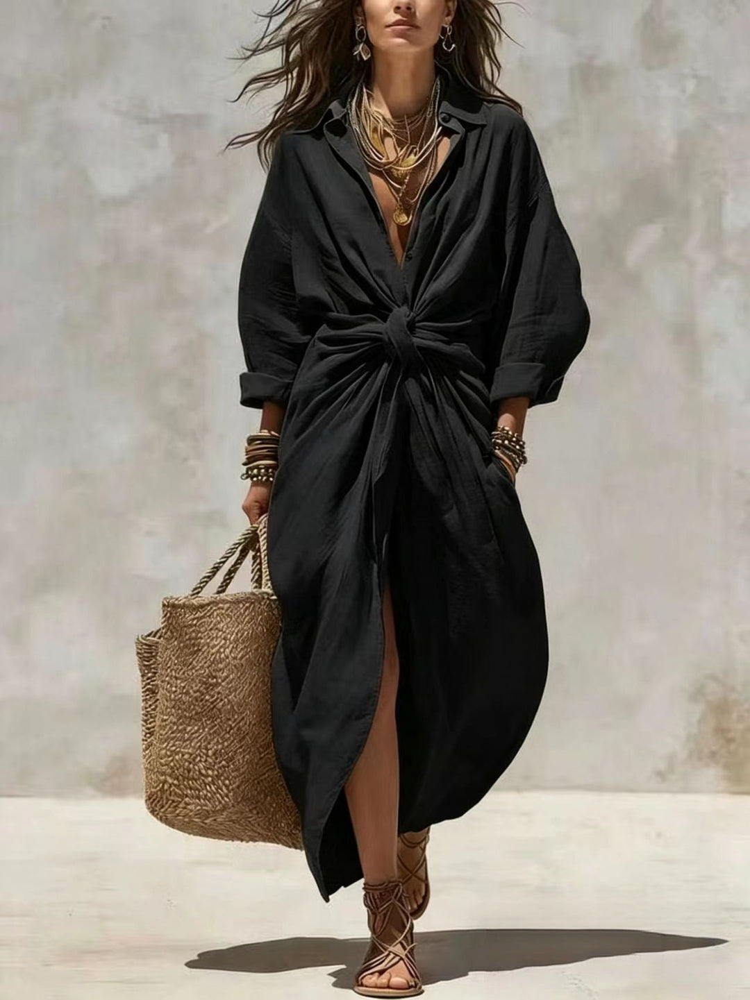 Solid  Long-Sleeved Casual Dress