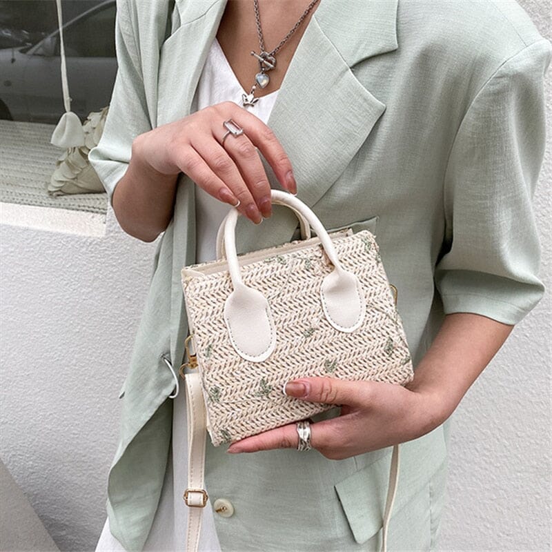 Xiava | Woven Straw Bag with Flower Detail
