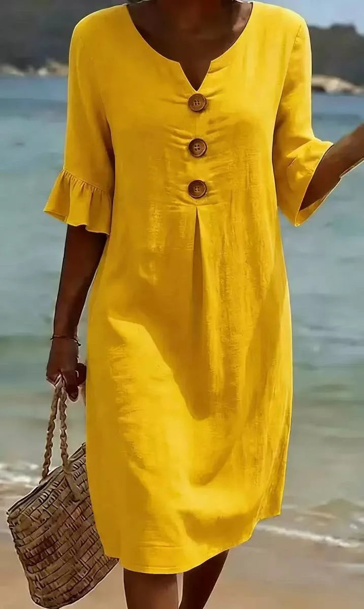 Elin | Ruffle Button V-Neck Dress