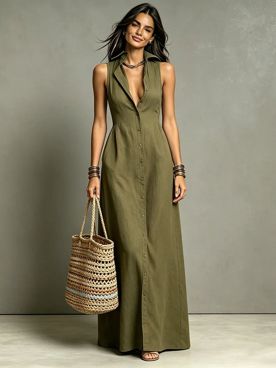 Elara™ | Elegant Button-Front Maxi Dress