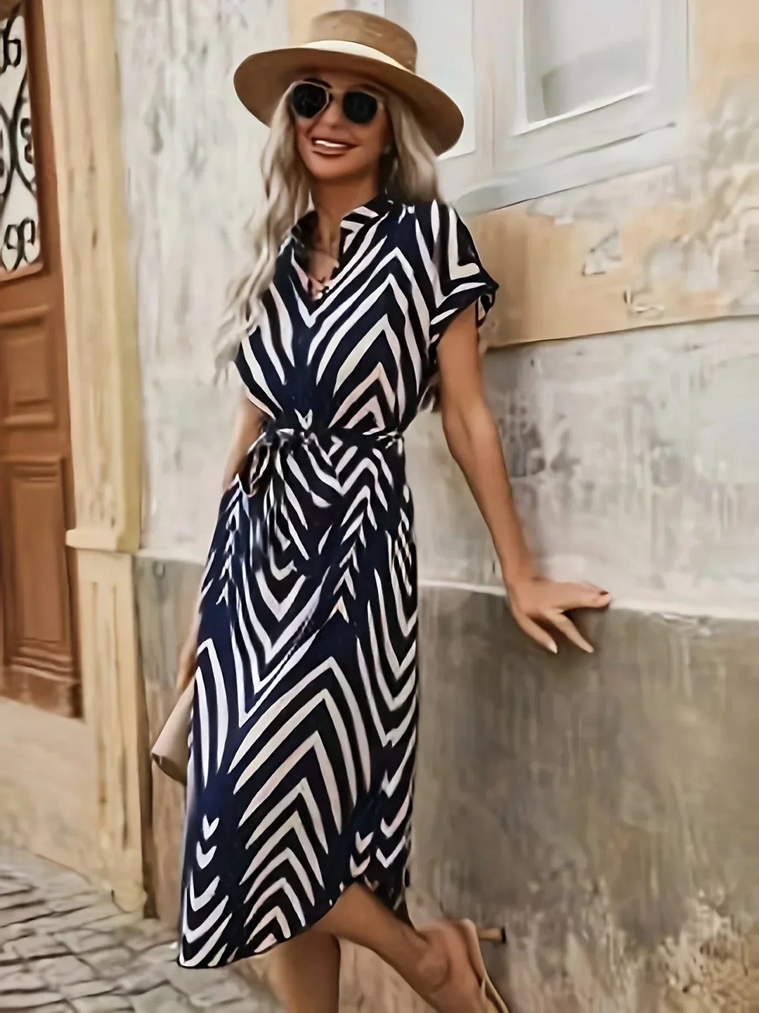 Elly | Geometric Tie-Belt Dress
