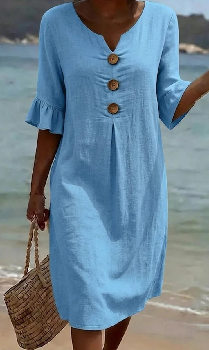 Elin | Ruffle Button V-Neck Dress