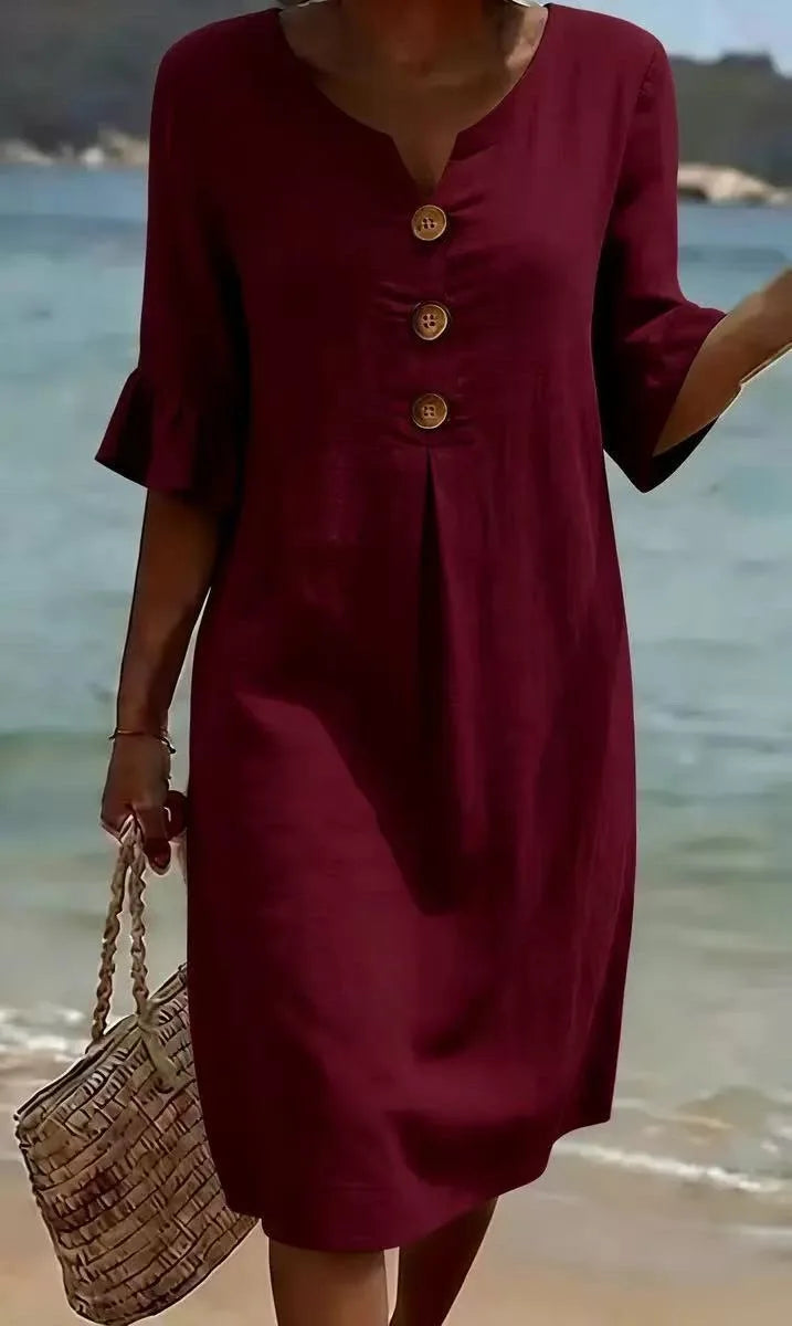 Elin | Ruffle Button V-Neck Dress