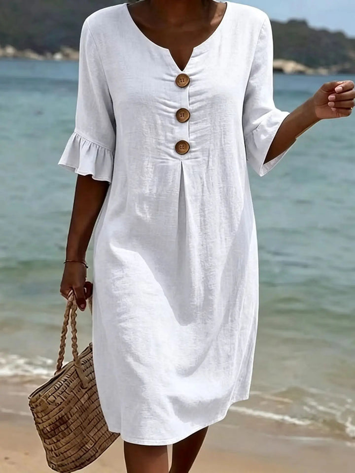 Elin | Ruffle Button V-Neck Dress