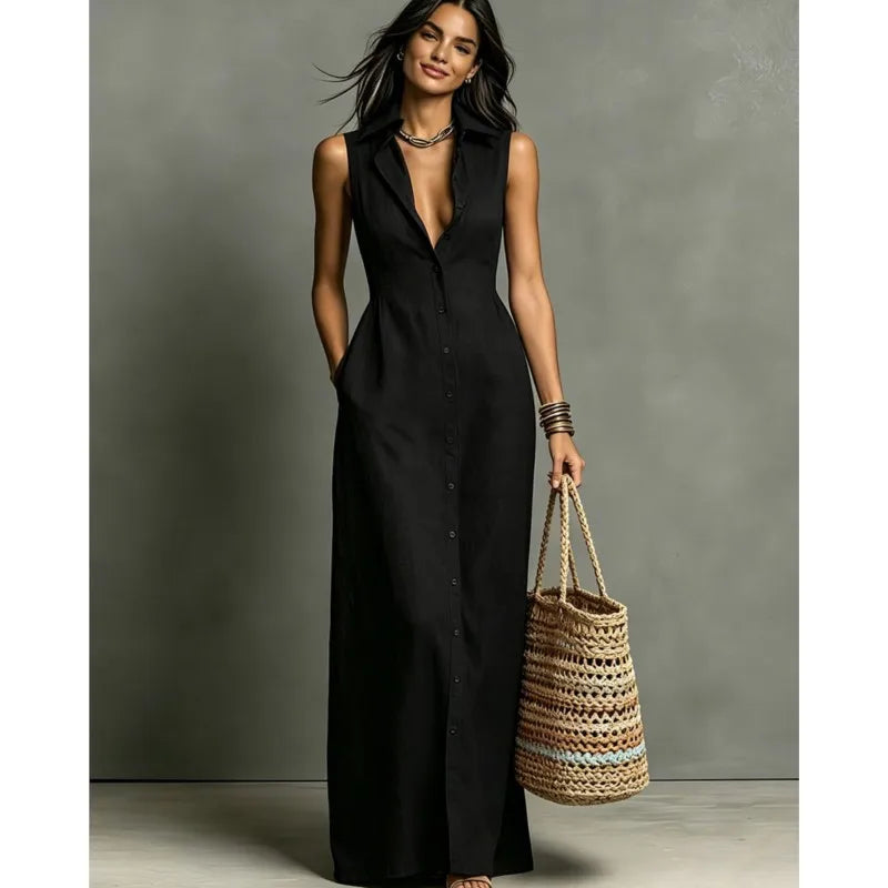 Elara™ | Elegant Button-Front Maxi Dress