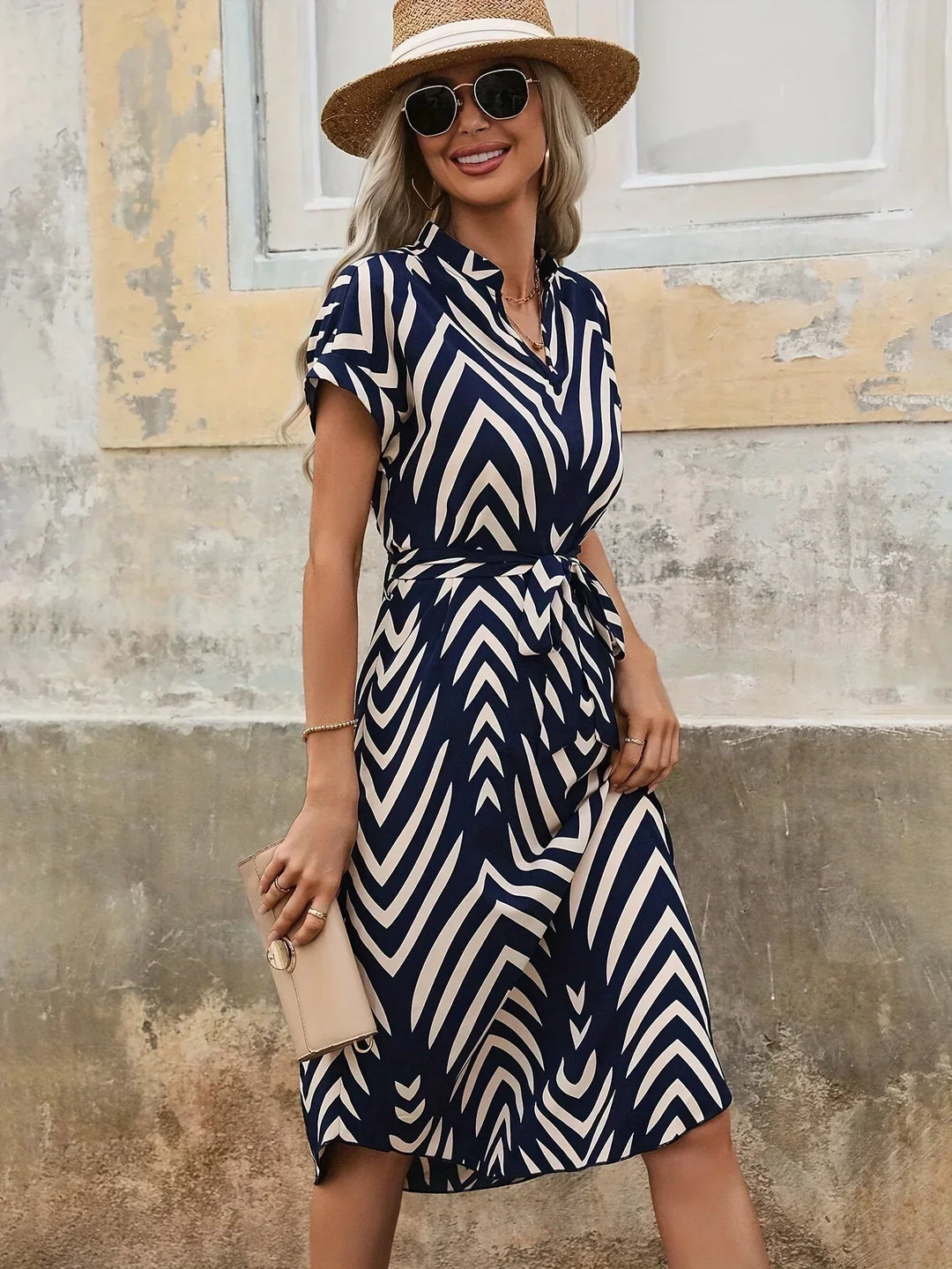 Elly | Geometric Tie-Belt Dress