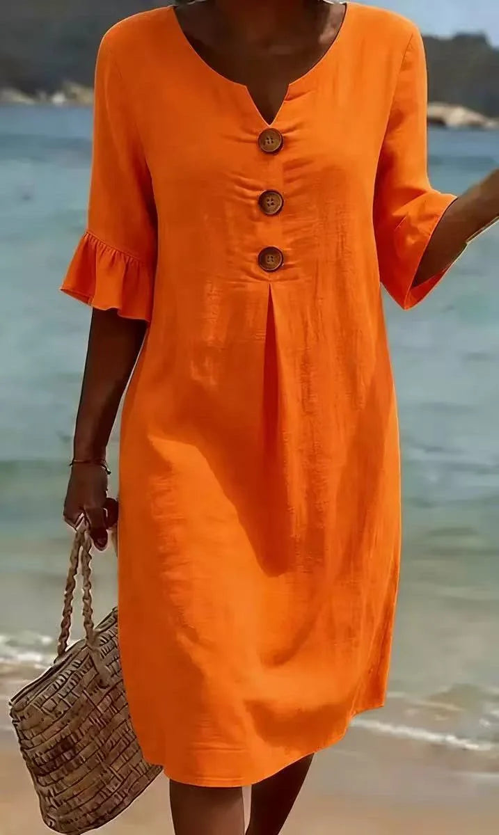 Elin | Ruffle Button V-Neck Dress