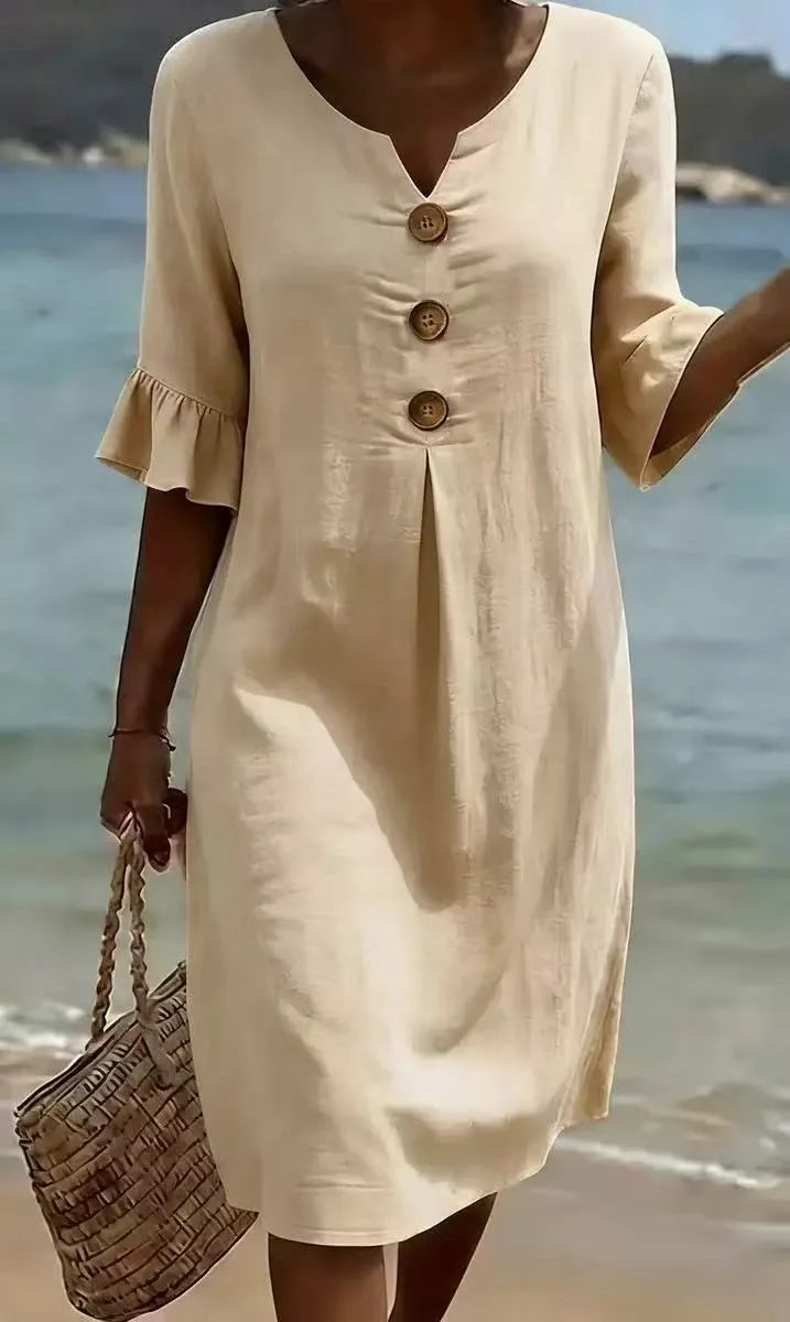 Elin | Ruffle Button V-Neck Dress