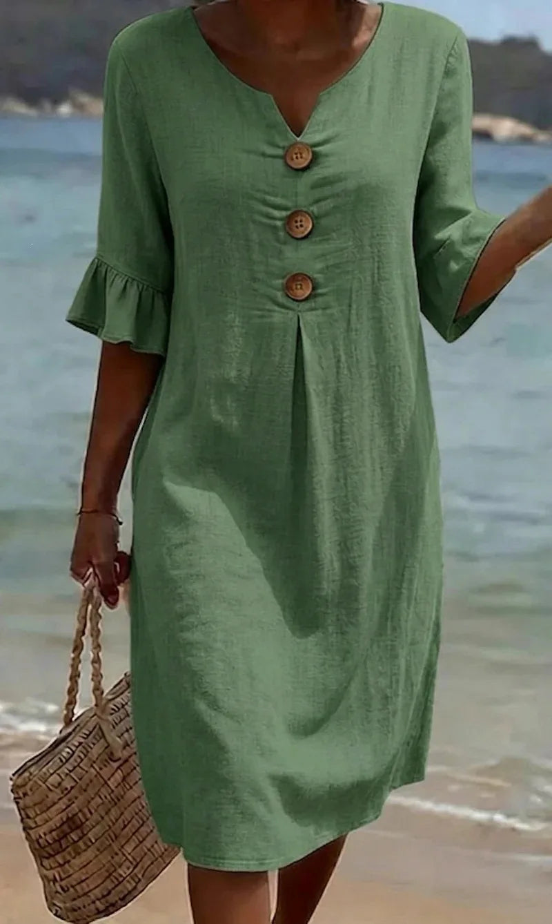 Elin | Ruffle Button V-Neck Dress