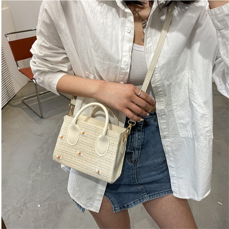 Xiava | Woven Straw Bag with Flower Detail