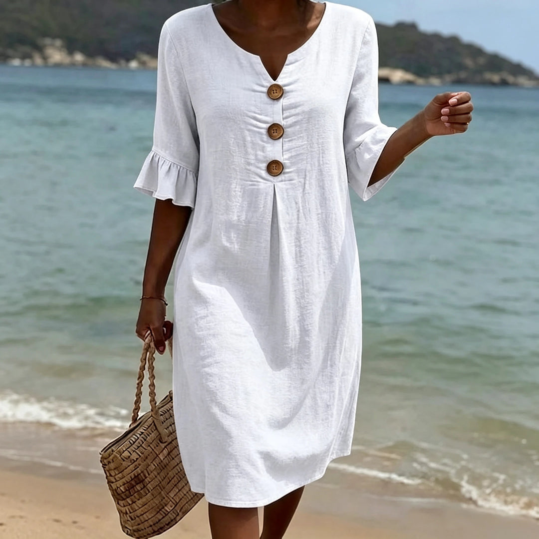 Elin | Ruffle Button V-Neck Dress