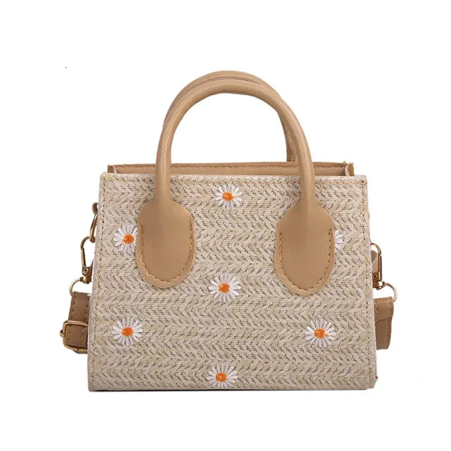 Xiava | Woven Straw Bag with Flower Detail