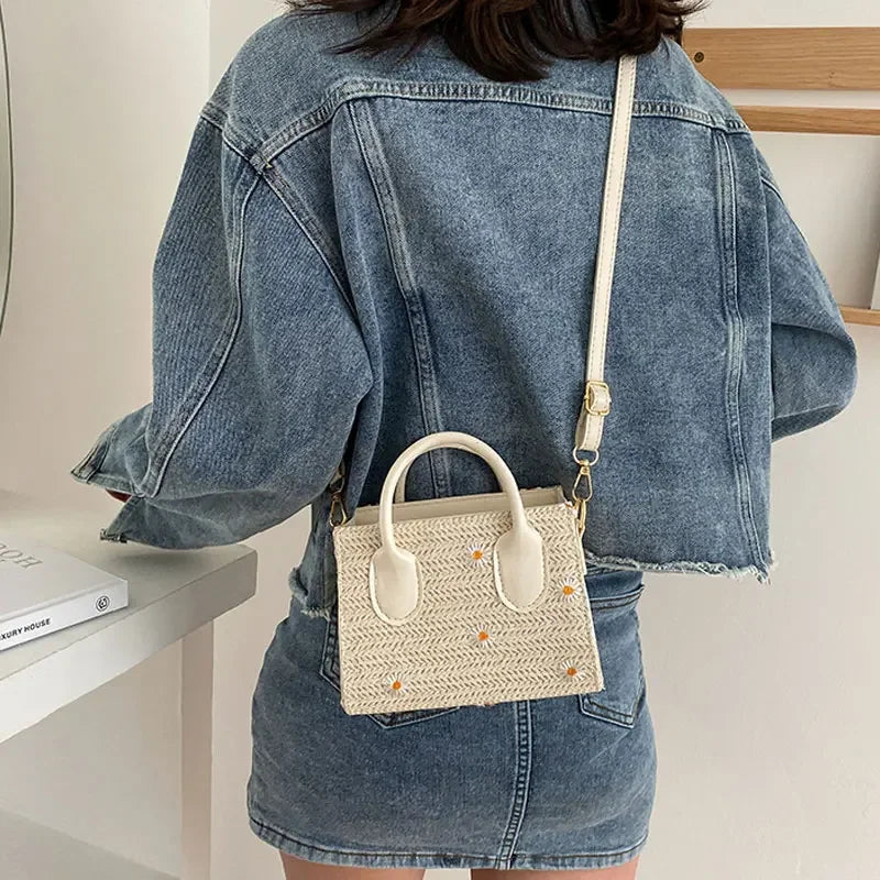 Xiava | Woven Straw Bag with Flower Detail