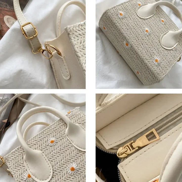 Xiava | Woven Straw Bag with Flower Detail