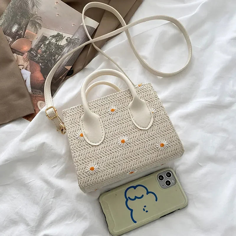 Xiava | Woven Straw Bag with Flower Detail
