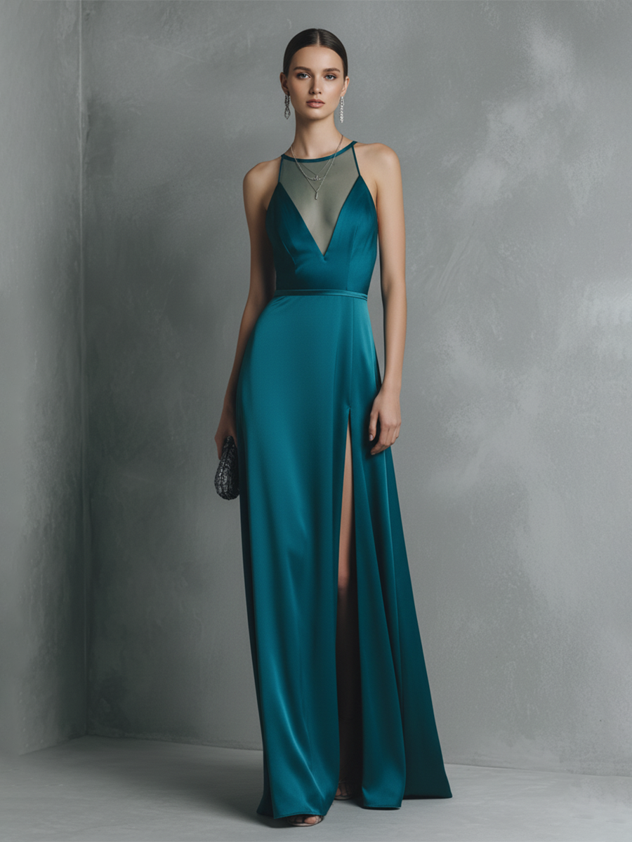 Women's Blue-green Stretch Satin See-through Backless High-slit Maxi Dress