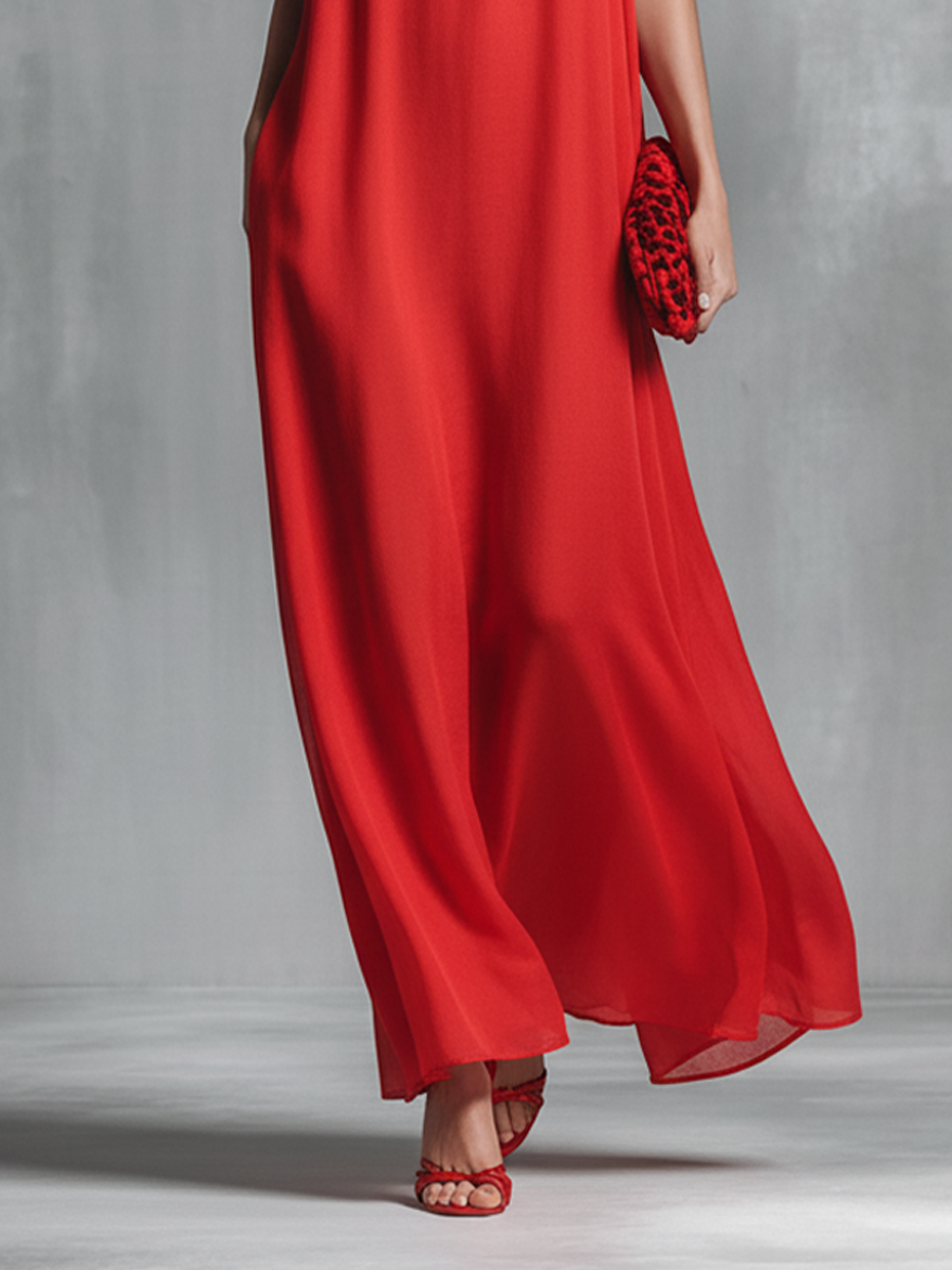 Women's Simple Red Chiffon V-Neck Spaghetti Strap Maxi Dress
