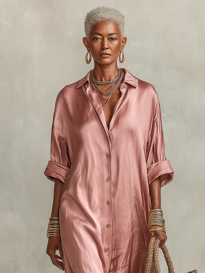 Women's Minimalist Faux Acetate Single-breasted Shirt Maxi Dress
