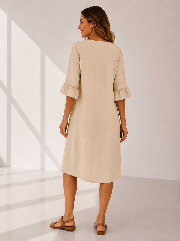 Elin | Ruffle Button V-Neck Dress