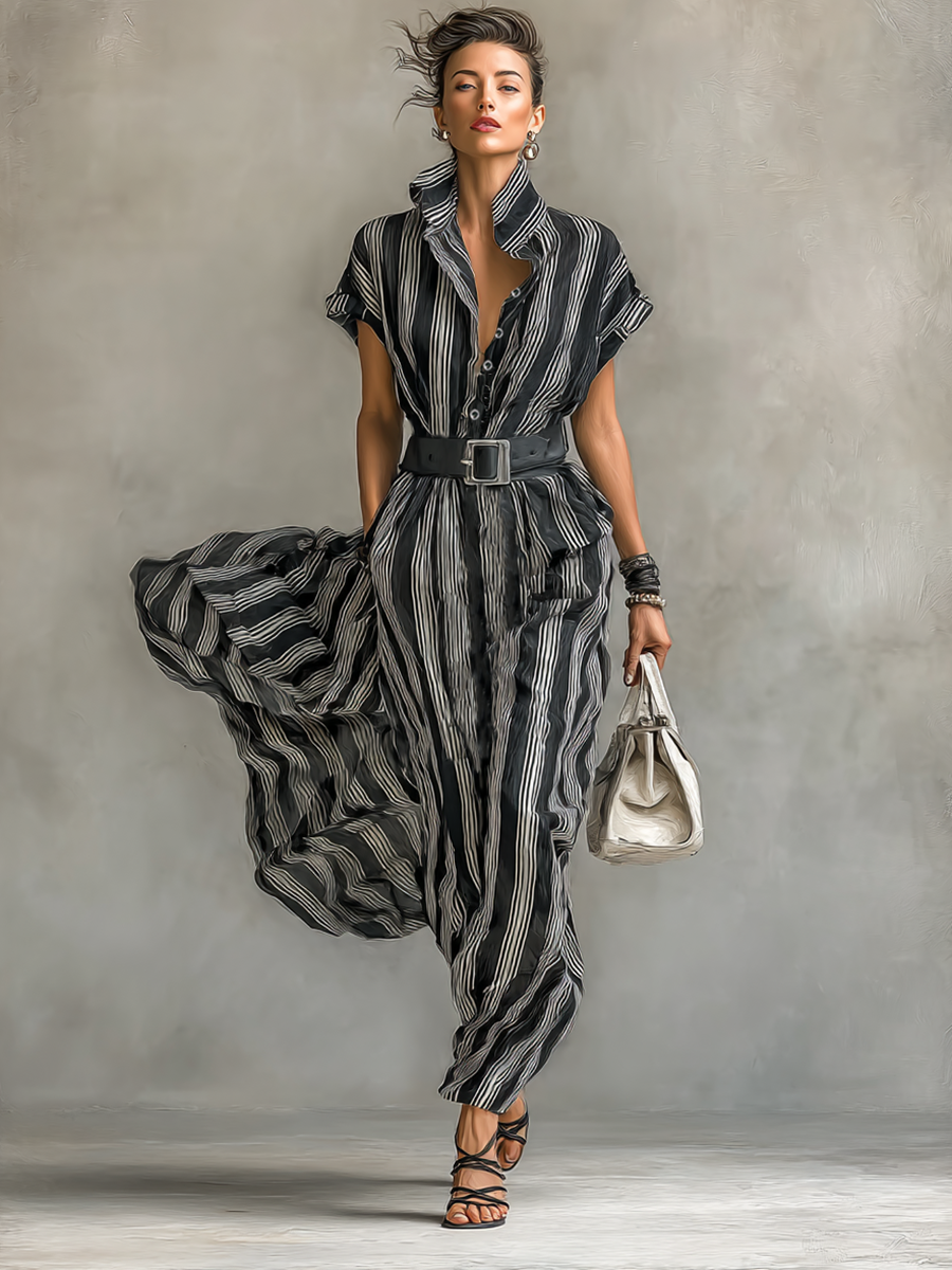 Women's Chiffon Striped Printed Lapel Short-sleeved Maxi Dress