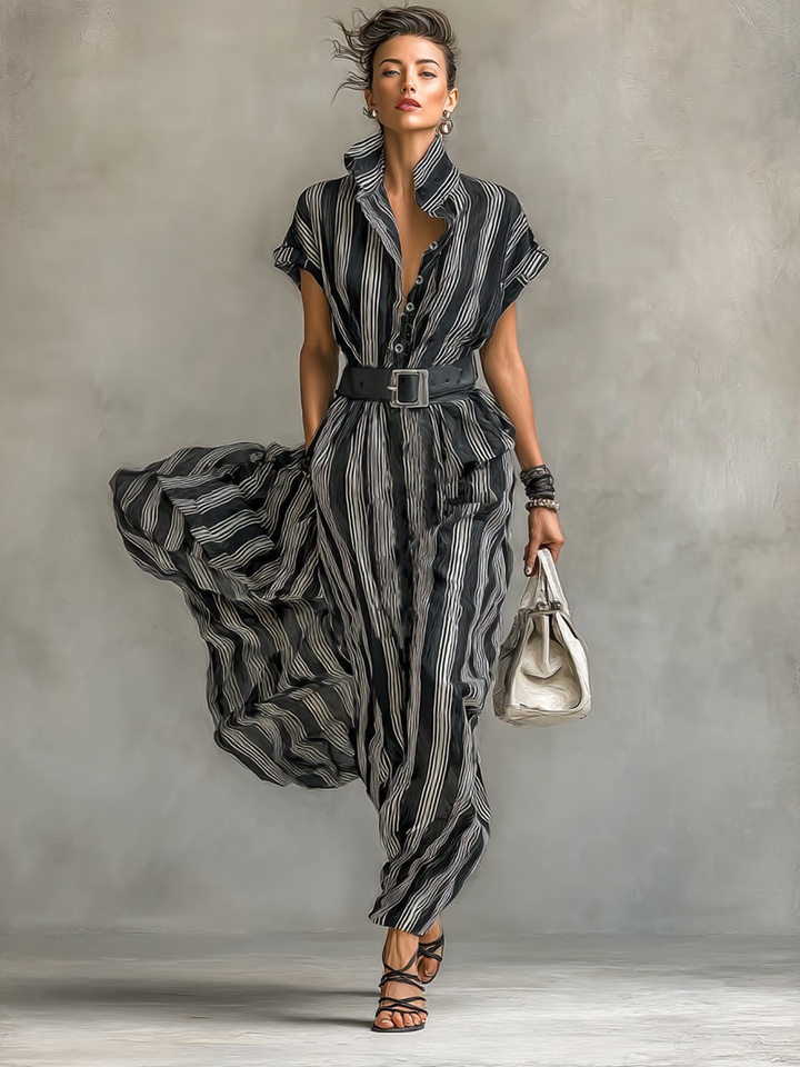 Women's Chiffon Striped Printed Lapel Short-sleeved Maxi Dress