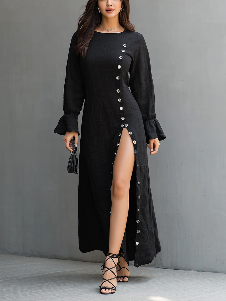 Women's Elegant Black Cotton Linen Round Neck Long Sleeve Slit Dress