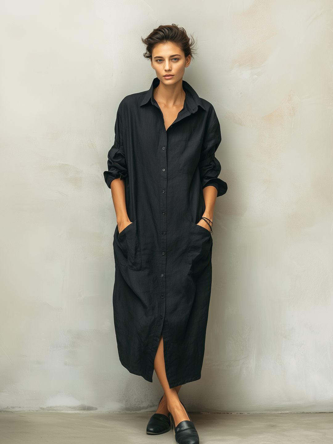 Women's Casual Black Cotton Linen Blend Shirt Collar Long Sleeve Dress