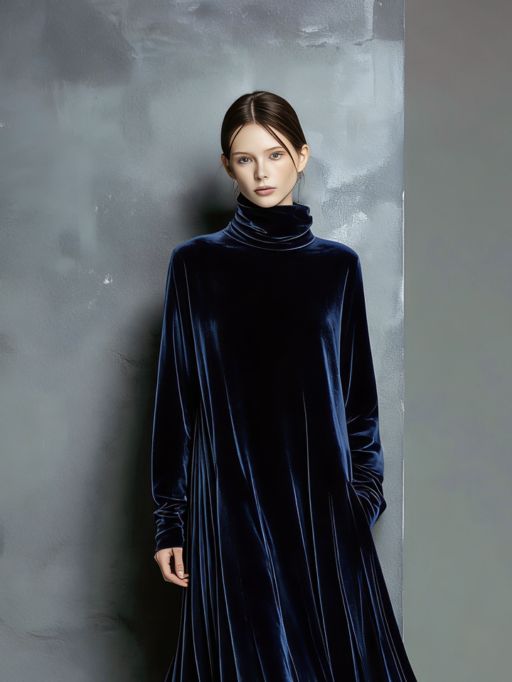 Women's Elegant Navy Blue Velvet High-neck Long-sleeved Loose-fitting Maxi Dress