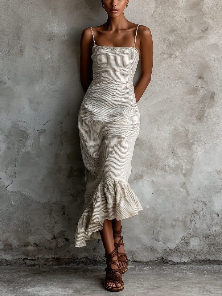 Women's Beige Striped Spaghetti Strap Maxi Dress With Ruffled Asymmetric Hem
