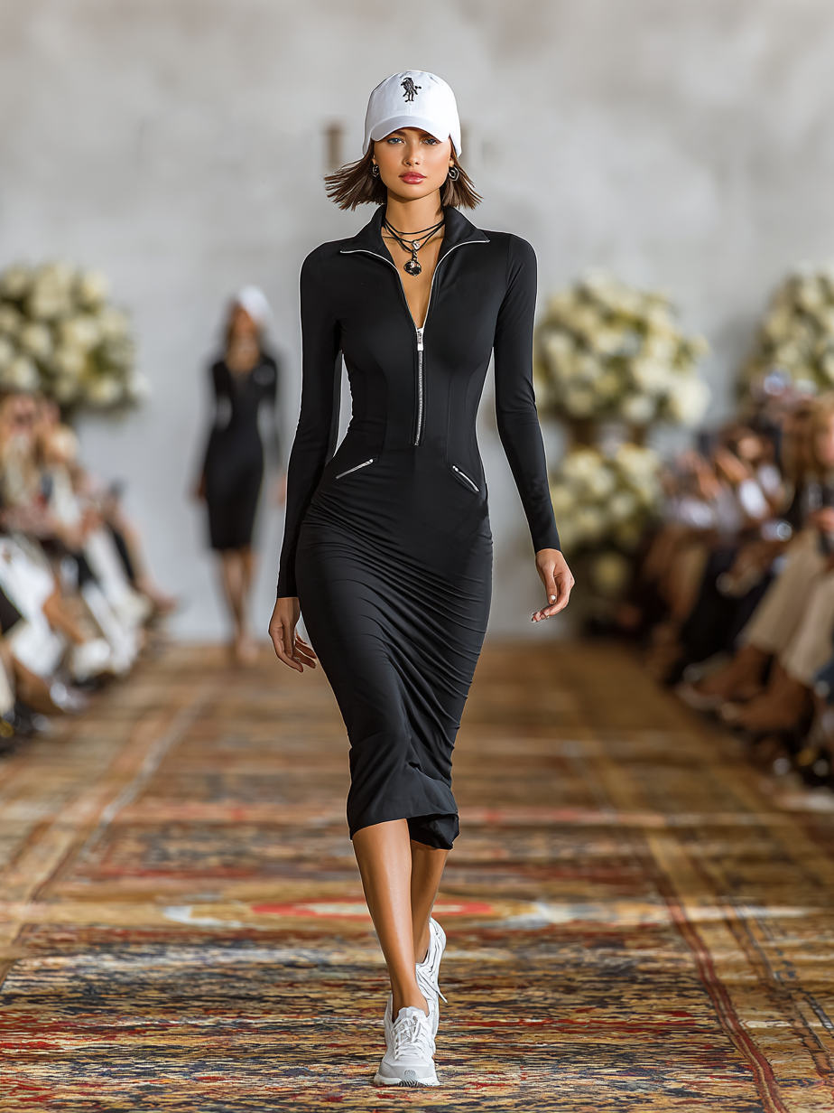 Women's Sports Cotton Blend Skinny Zipper Lapel Midi Dress