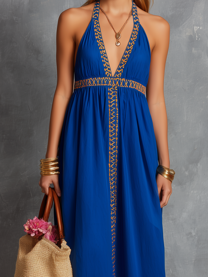 Women's Casual Blue Cotton Linen Embroidered V-Neck Sleeveless Camisole Dress