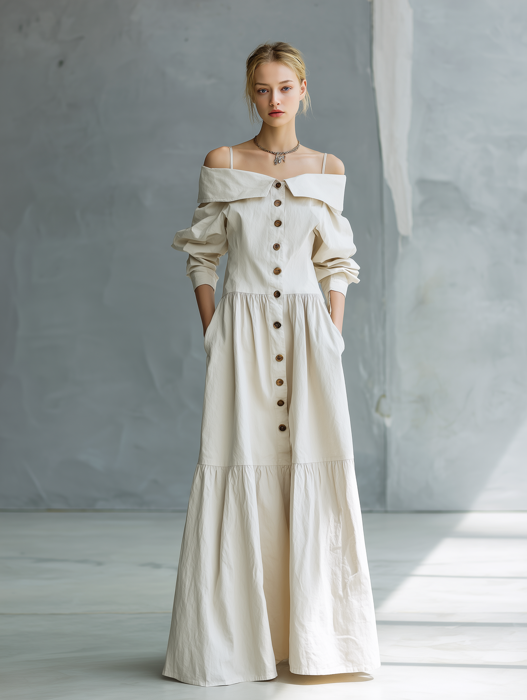 Women's Elegant White Woven Camisole Dress With Off-the-shoulder Design And Loose Long Sleeves