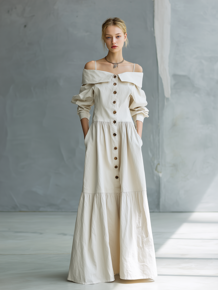 Women's Elegant White Woven Camisole Dress With Off-the-shoulder Design And Loose Long Sleeves