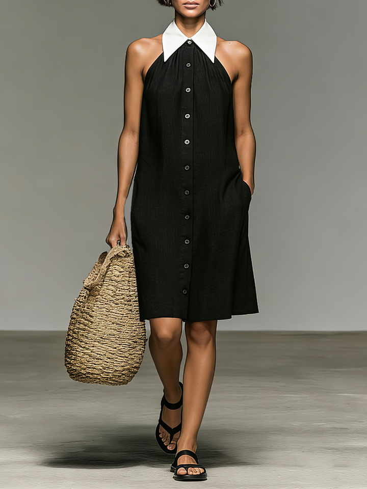 Women's Minimalist Linen Blend Color-blocked Shirt Collar Sleeveless Mini Dress