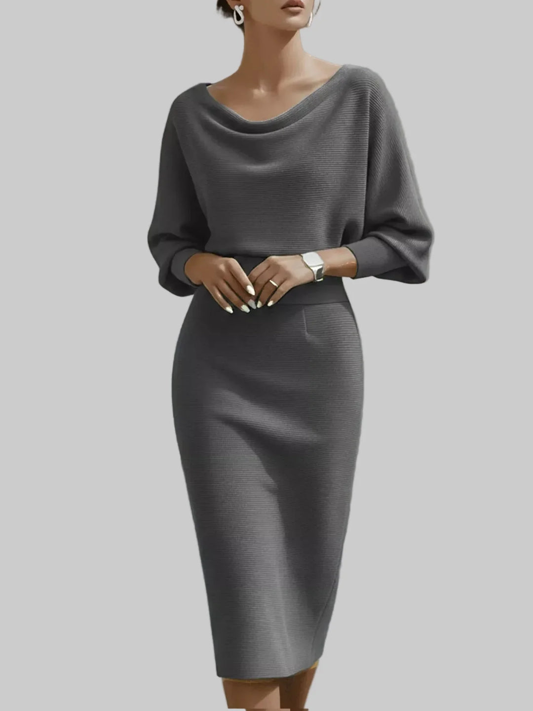 Simone | Cowl Neck Knit Midi Dress