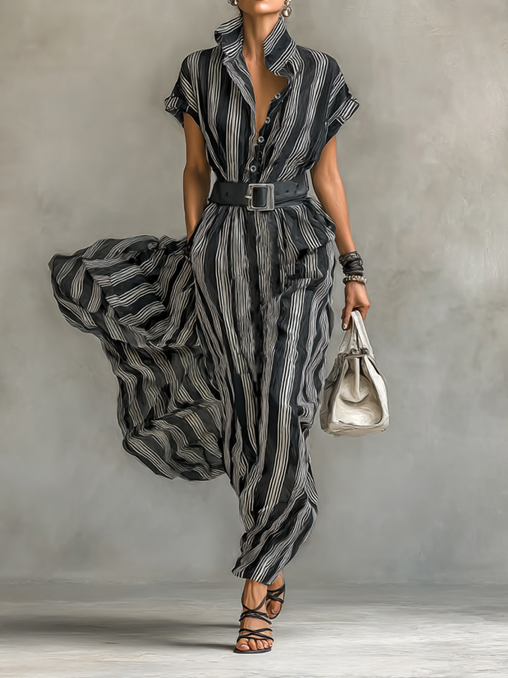 Women's Chiffon Striped Printed Lapel Short-sleeved Maxi Dress