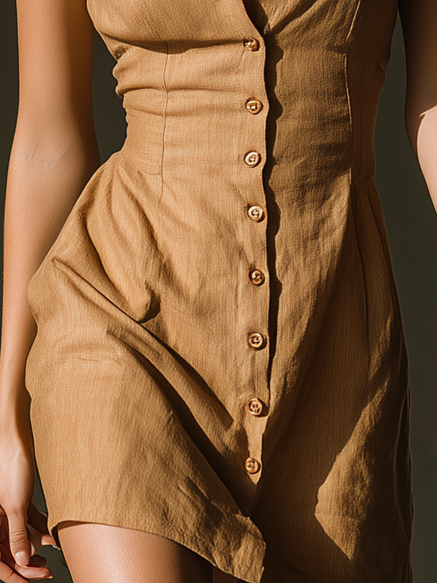 Women's Camel Linen Sleeveless Shirt Mini Dress With Button Placket
